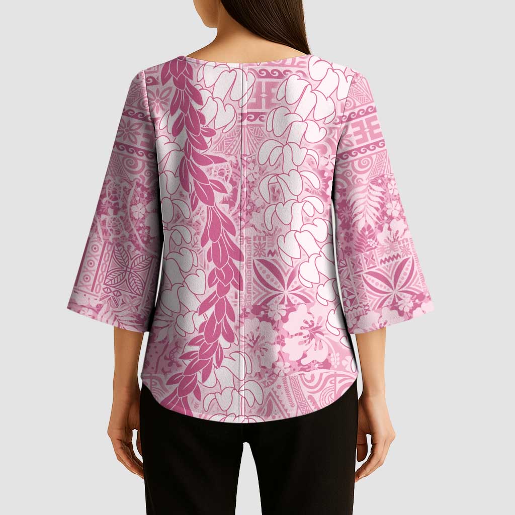 Pink Puakenikeni and Maile Lei Kimono Sleeve Blouse Hawaiian Style Tribal Tapa Double Strand Lei - Polynesian Pride