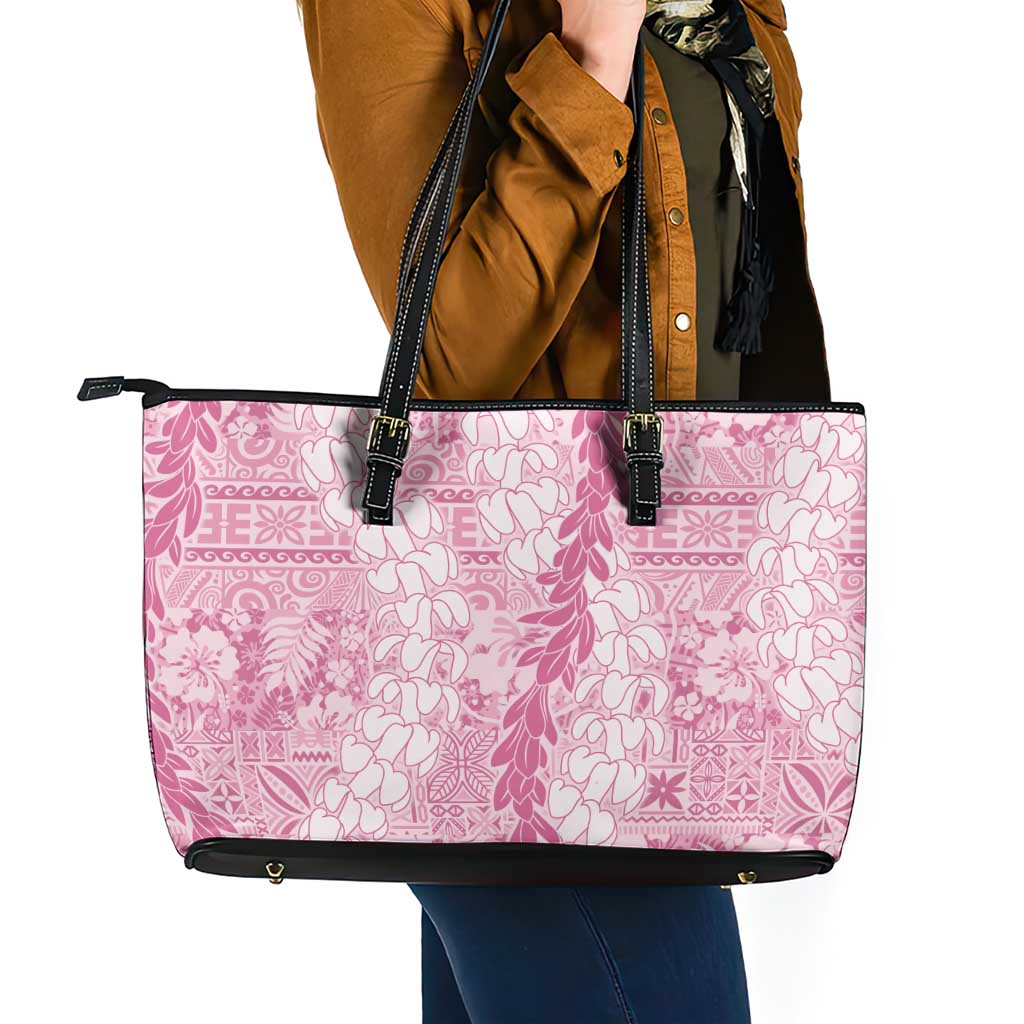 Pink Puakenikeni and Maile Lei Leather Tote Bag Hawaiian Style Tribal Tapa Double Strand Lei LT9 - Polynesian Pride