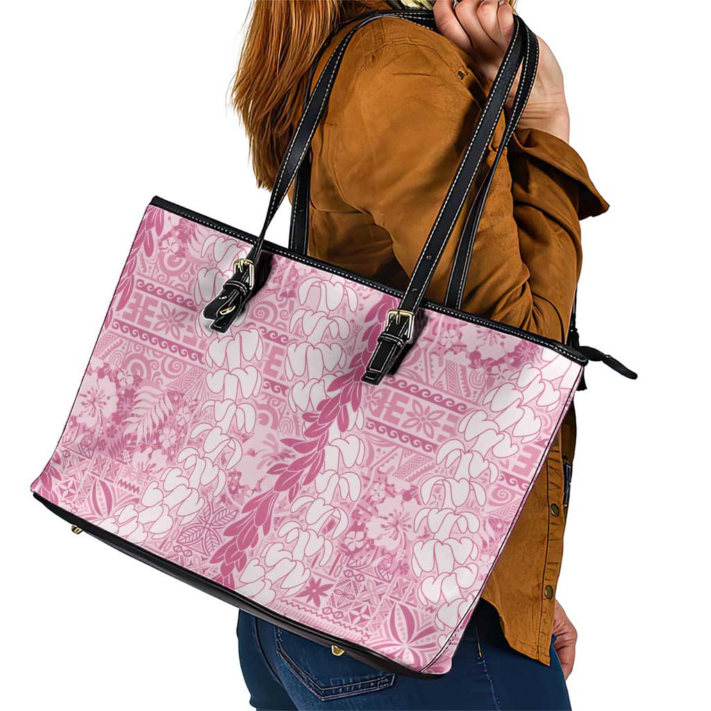 Pink Puakenikeni and Maile Lei Leather Tote Bag Hawaiian Style Tribal Tapa Double Strand Lei LT9 - Polynesian Pride