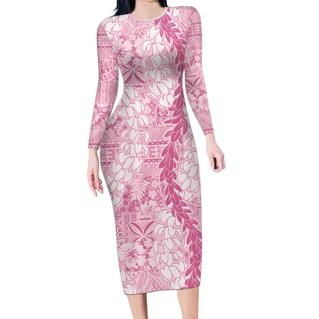 Pink Puakenikeni and Maile Lei Long Sleeve Bodycon Dress Hawaiian Style Tribal Tapa Double Strand Lei