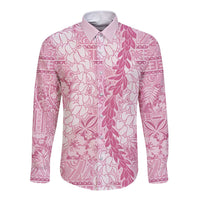 Pink Puakenikeni and Maile Lei Long Sleeve Button Shirt Hawaiian Style Tribal Tapa Double Strand Lei LT9 Unisex Pink - Polynesian Pride
