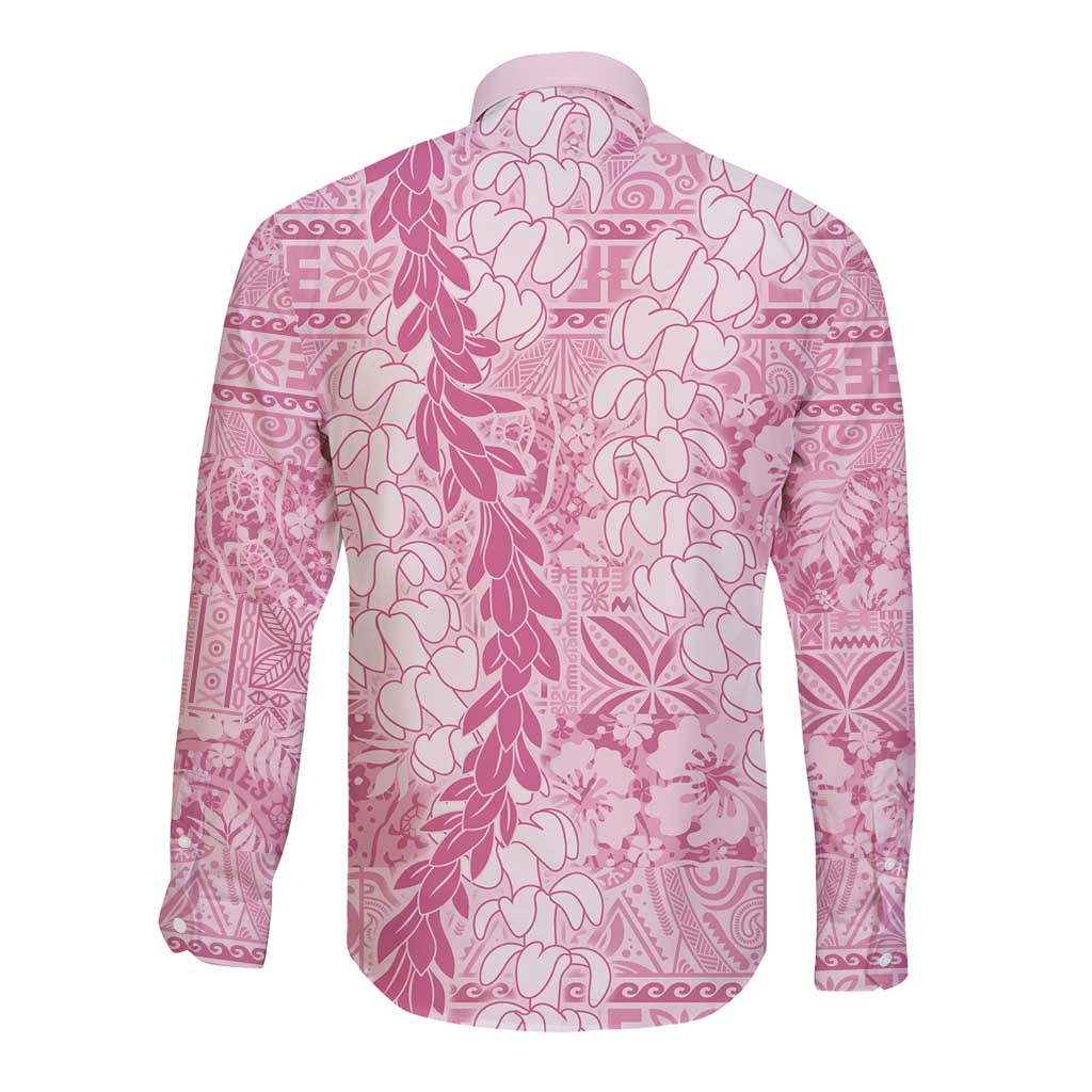 Pink Puakenikeni and Maile Lei Long Sleeve Button Shirt Hawaiian Style Tribal Tapa Double Strand Lei LT9 - Polynesian Pride