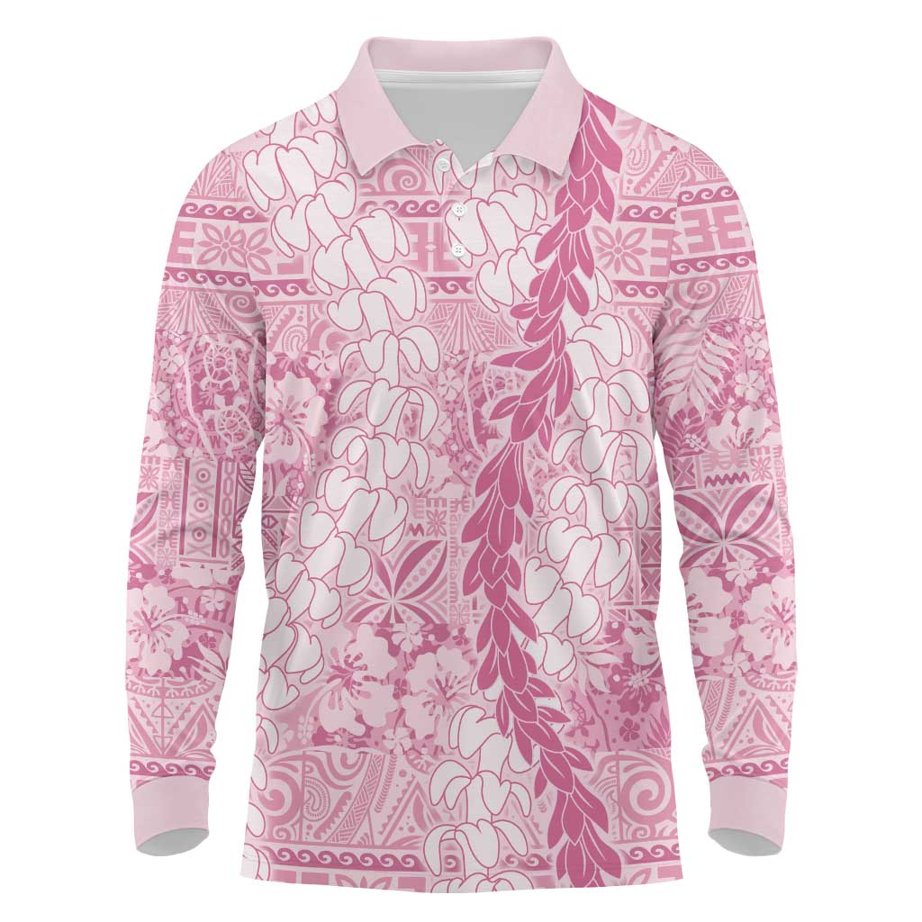 Pink Puakenikeni and Maile Lei Long Sleeve Polo Shirt Hawaiian Style Tribal Tapa Double Strand Lei LT9 Pink - Polynesian Pride