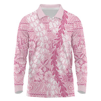 Pink Puakenikeni and Maile Lei Long Sleeve Polo Shirt Hawaiian Style Tribal Tapa Double Strand Lei LT9 Pink - Polynesian Pride