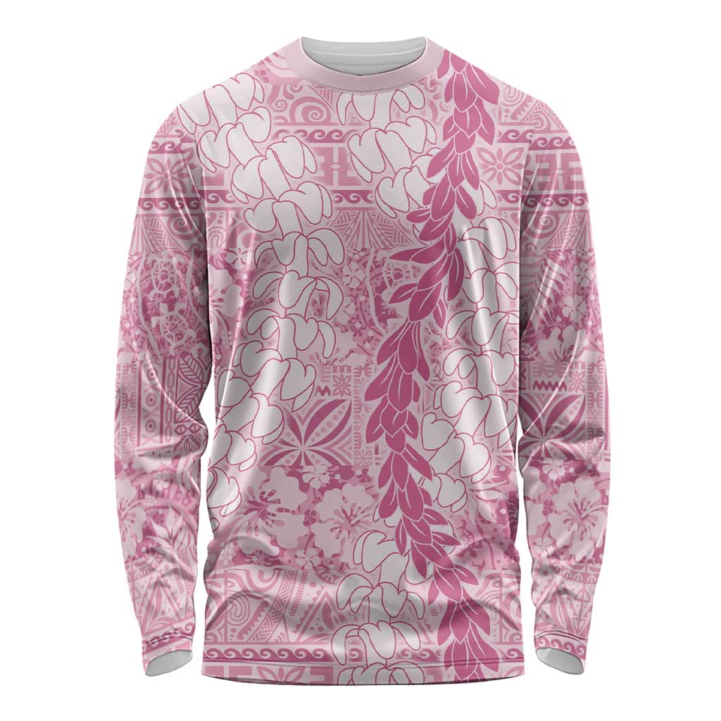 Pink Puakenikeni and Maile Lei Long Sleeve Shirt Hawaiian Style Tribal Tapa Double Strand Lei LT9 Unisex Pink - Polynesian Pride