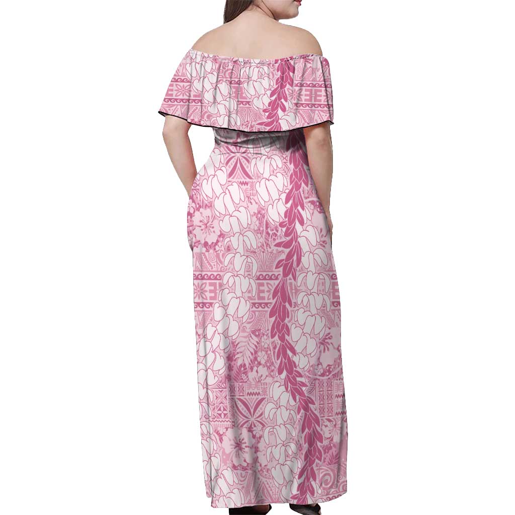 Pink Puakenikeni and Maile Lei Off Shoulder Maxi Dress Hawaiian Style Tribal Tapa Double Strand Lei LT9 - Polynesian Pride