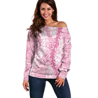 Pink Puakenikeni and Maile Lei Off Shoulder Sweater Hawaiian Style Tribal Tapa Double Strand Lei LT9 Women Pink - Polynesian Pride