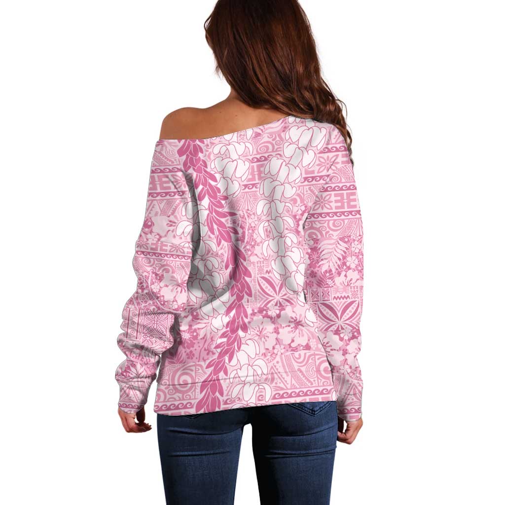 Pink Puakenikeni and Maile Lei Off Shoulder Sweater Hawaiian Style Tribal Tapa Double Strand Lei LT9 - Polynesian Pride