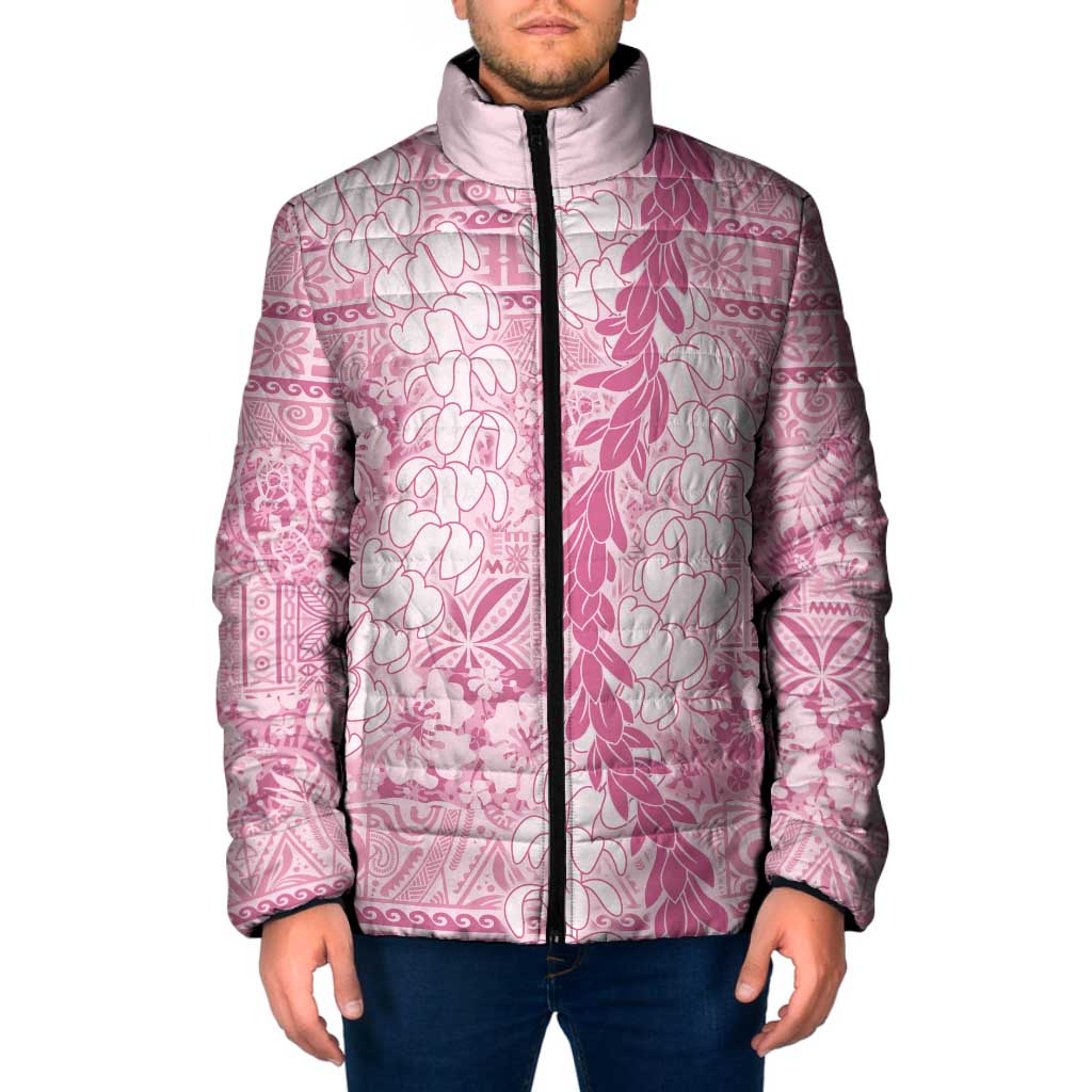 Pink Puakenikeni and Maile Lei Padded Jacket Hawaiian Style Tribal Tapa Double Strand Lei LT9 Men Pink - Polynesian Pride