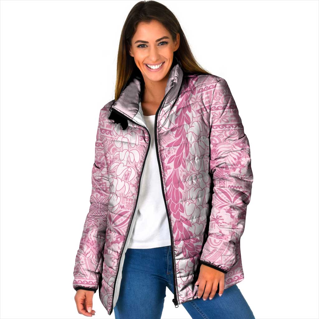 Pink Puakenikeni and Maile Lei Padded Jacket Hawaiian Style Tribal Tapa Double Strand Lei LT9 Women Pink - Polynesian Pride