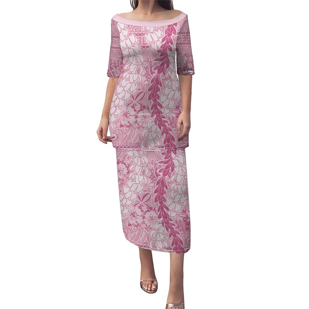 Pink Puakenikeni and Maile Lei Puletasi Hawaiian Style Tribal Tapa Double Strand Lei LT9 Long Dress Pink - Polynesian Pride