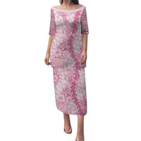 Pink Puakenikeni and Maile Lei Puletasi Hawaiian Style Tribal Tapa Double Strand Lei LT9 Long Dress Pink - Polynesian Pride