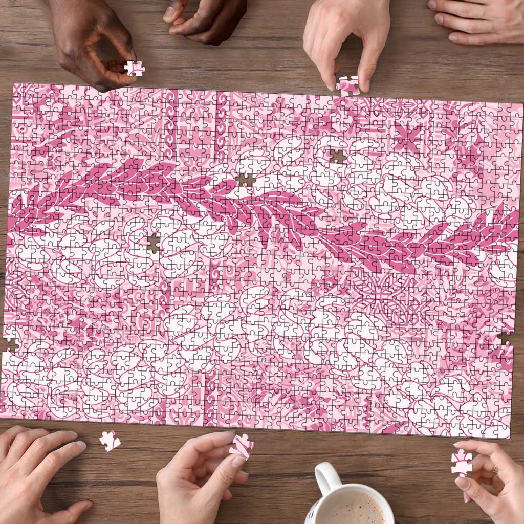 Pink Puakenikeni and Maile Lei Puzzle Hawaiian Style Tribal Tapa Double Strand Lei LT9 - Polynesian Pride