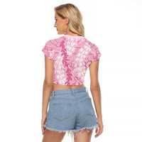 Pink Puakenikeni and Maile Lei Raglan Cropped T Shirt Hawaiian Style Tribal Tapa Double Strand Lei LT9 - Polynesian Pride