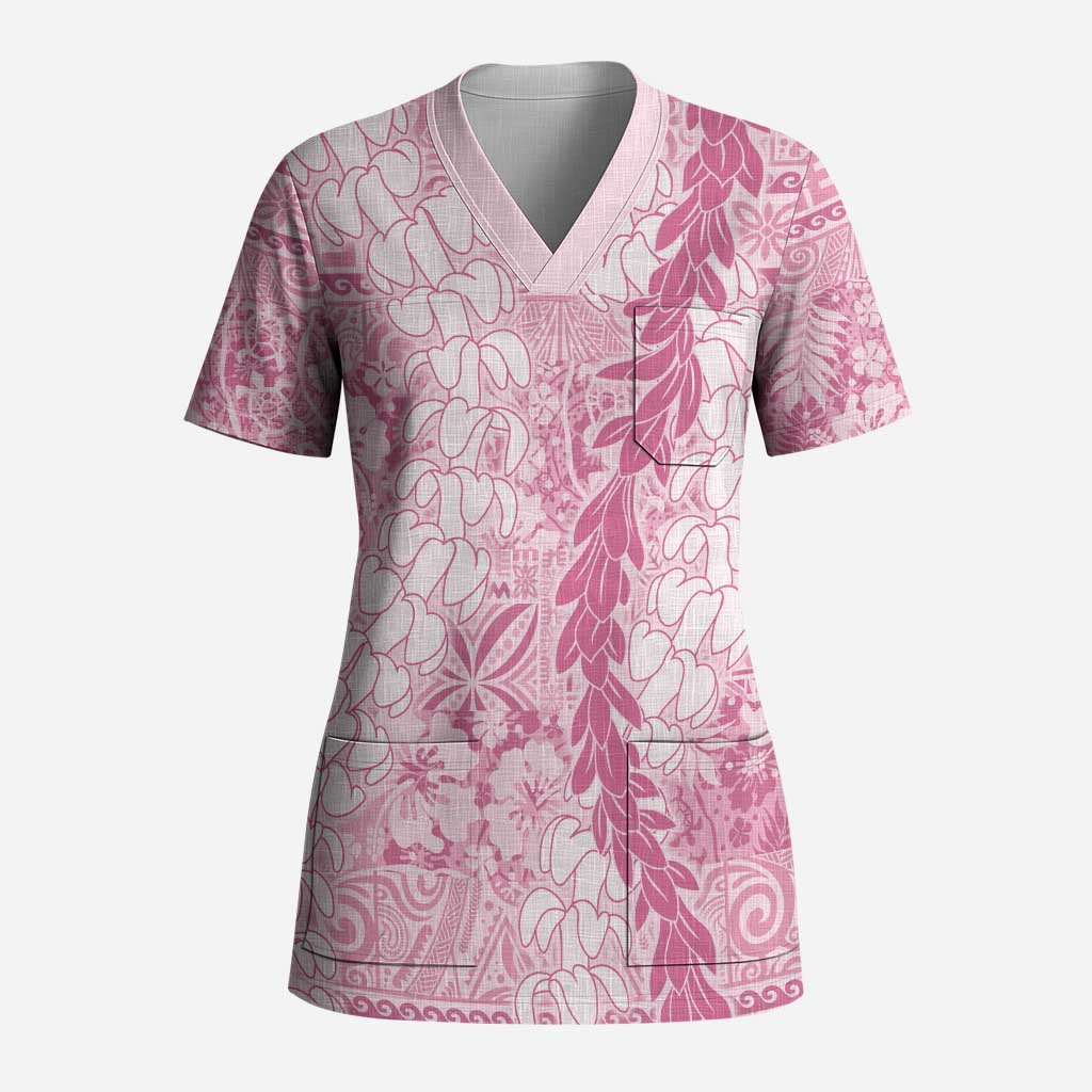 Pink Puakenikeni and Maile Lei Scrub Top Hawaiian Style Tribal Tapa Double Strand Lei LT9 Adult Pink - Polynesian Pride
