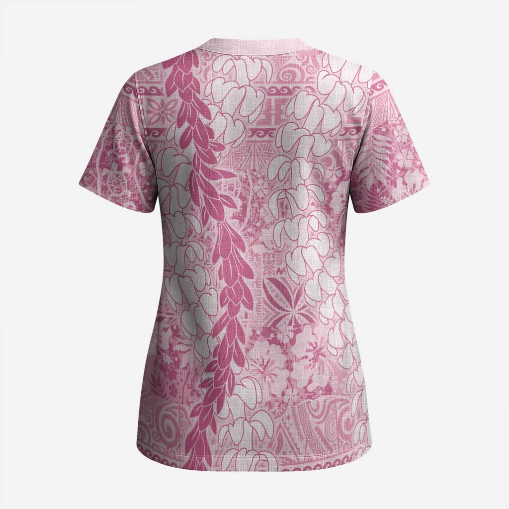 Pink Puakenikeni and Maile Lei Scrub Top Hawaiian Style Tribal Tapa Double Strand Lei LT9 - Polynesian Pride