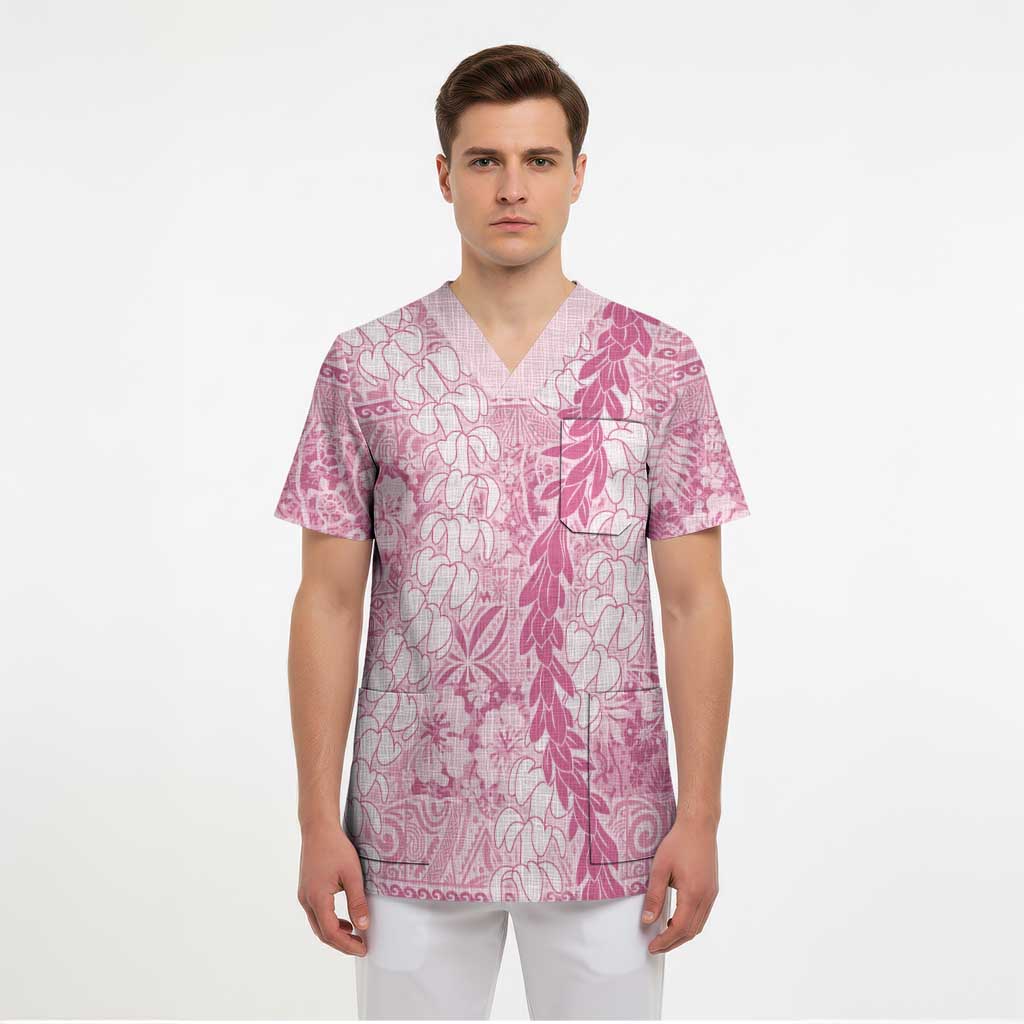 Pink Puakenikeni and Maile Lei Scrub Top Hawaiian Style Tribal Tapa Double Strand Lei LT9 - Polynesian Pride