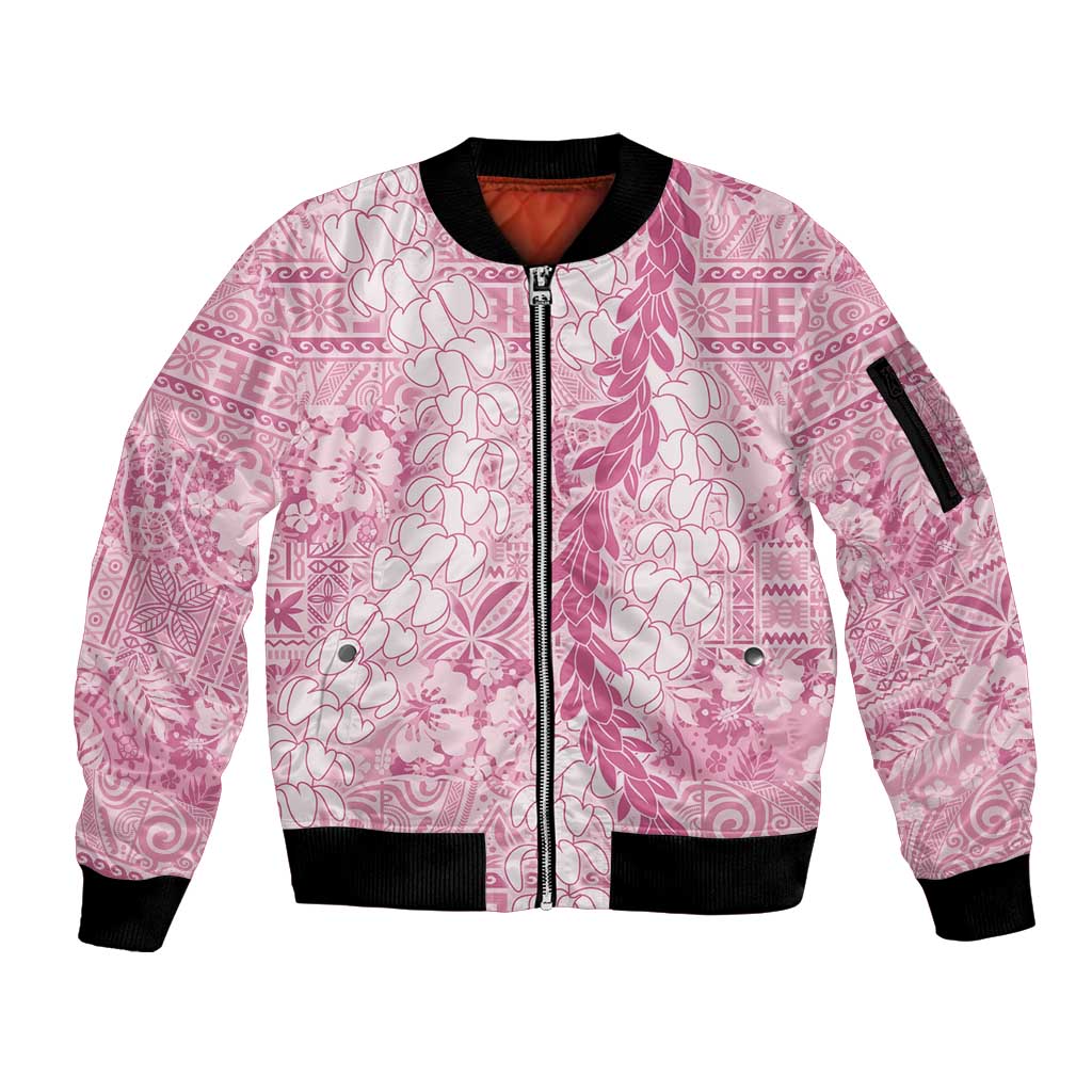 Pink Puakenikeni and Maile Lei Sleeve Zip Bomber Jacket Hawaiian Style Tribal Tapa Double Strand Lei LT9 Unisex Pink - Polynesian Pride
