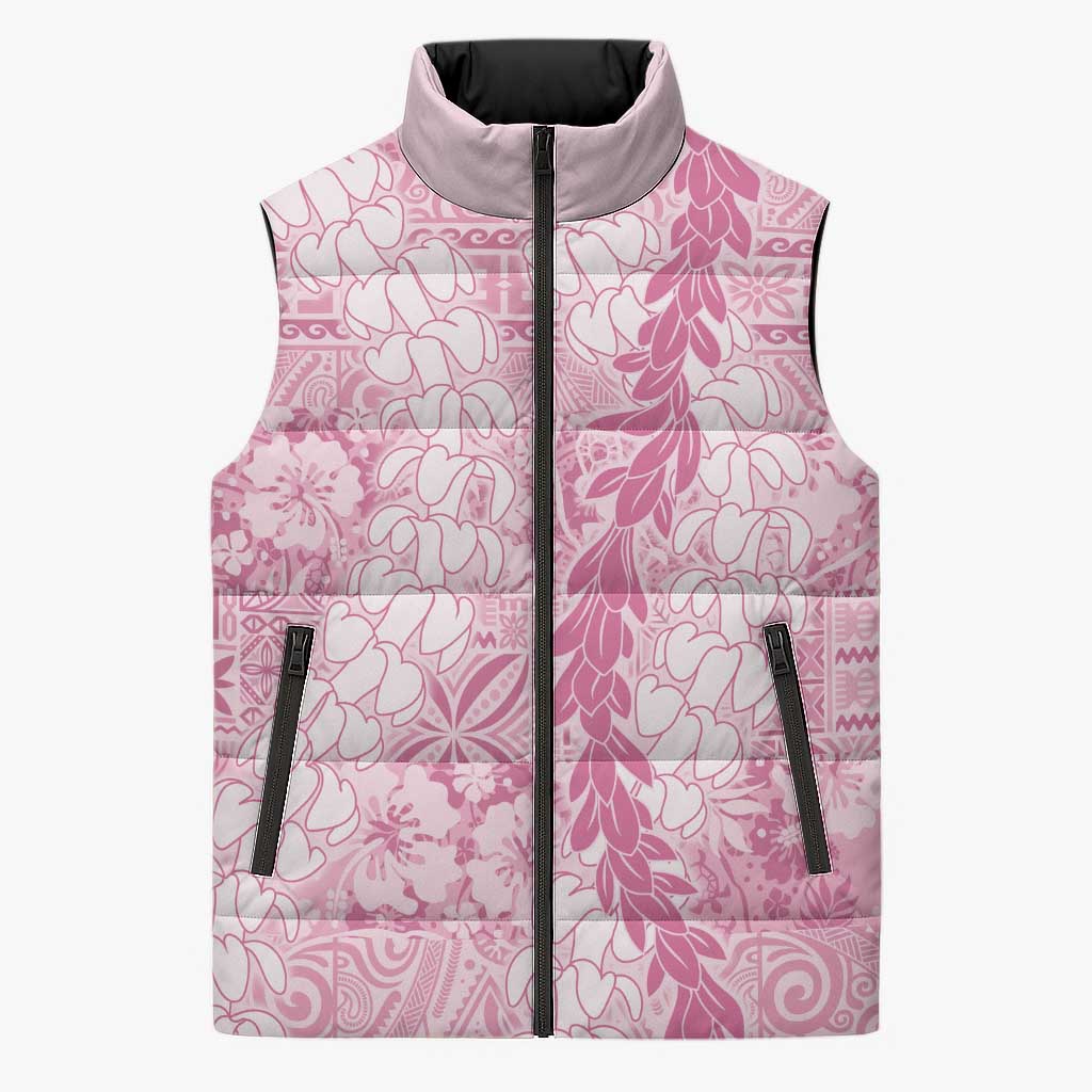 Pink Puakenikeni and Maile Lei Sleeveless Puffer Jacket Hawaiian Style Tribal Tapa Double Strand Lei LT9 Unisex Pink - Polynesian Pride