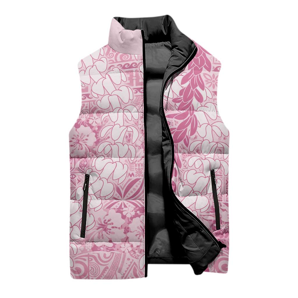 Pink Puakenikeni and Maile Lei Sleeveless Puffer Jacket Hawaiian Style Tribal Tapa Double Strand Lei LT9 - Polynesian Pride