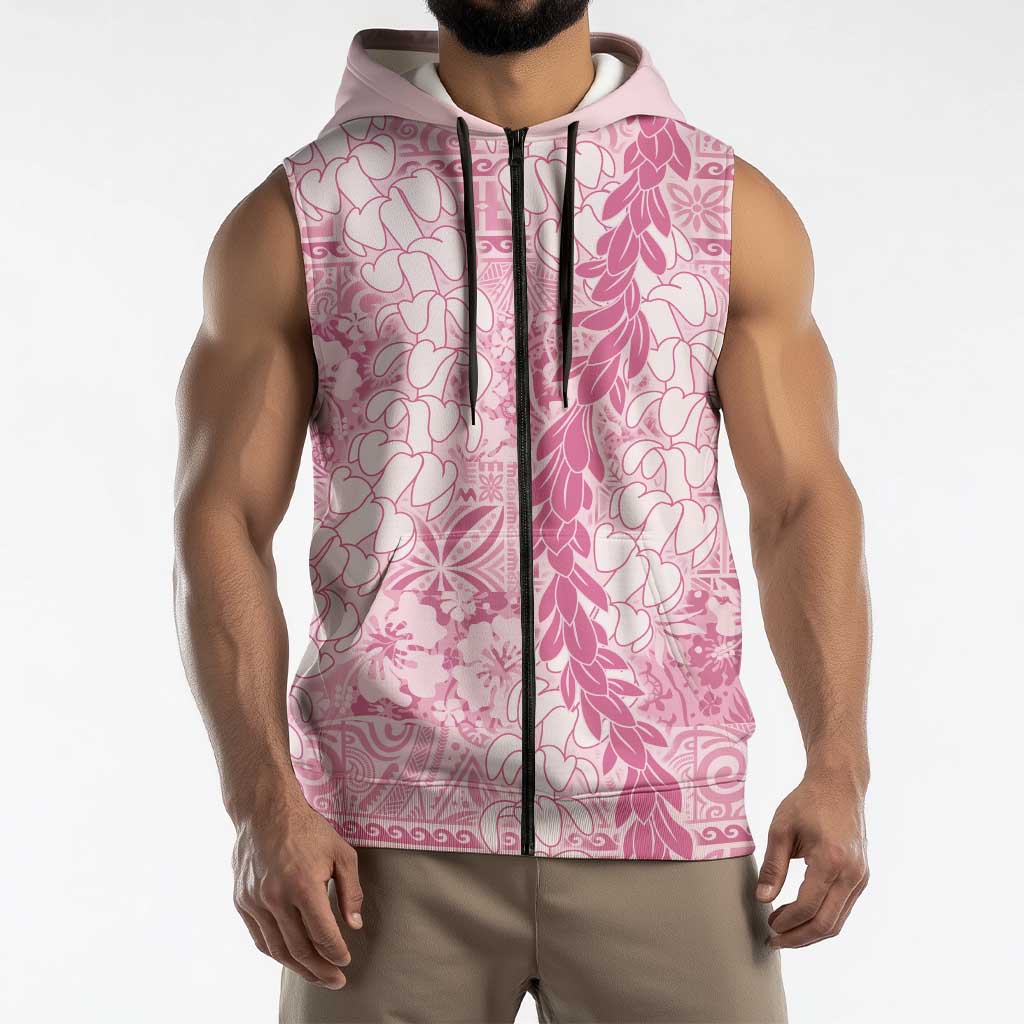 Pink Puakenikeni and Maile Lei Sleeveless Zip Hoodie Hawaiian Style Tribal Tapa Double Strand Lei LT9 - Polynesian Pride