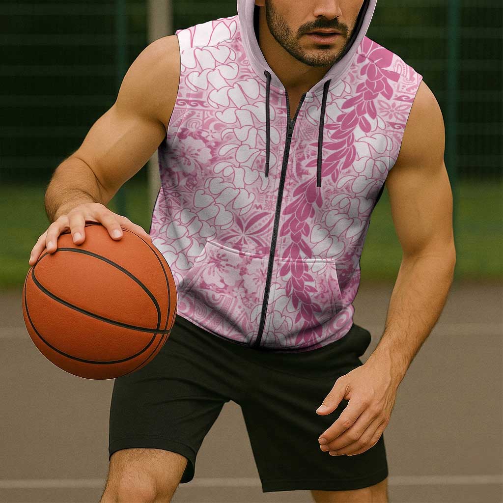 Pink Puakenikeni and Maile Lei Sleeveless Zip Hoodie Hawaiian Style Tribal Tapa Double Strand Lei LT9 - Polynesian Pride