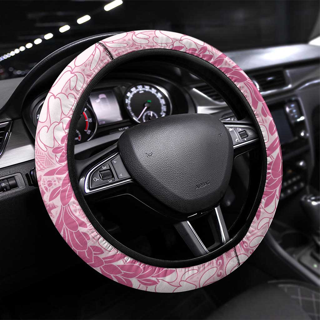 Pink Puakenikeni and Maile Lei Steering Wheel Cover Hawaiian Style Tribal Tapa Double Strand Lei LT9 Universal Fit Pink - Polynesian Pride