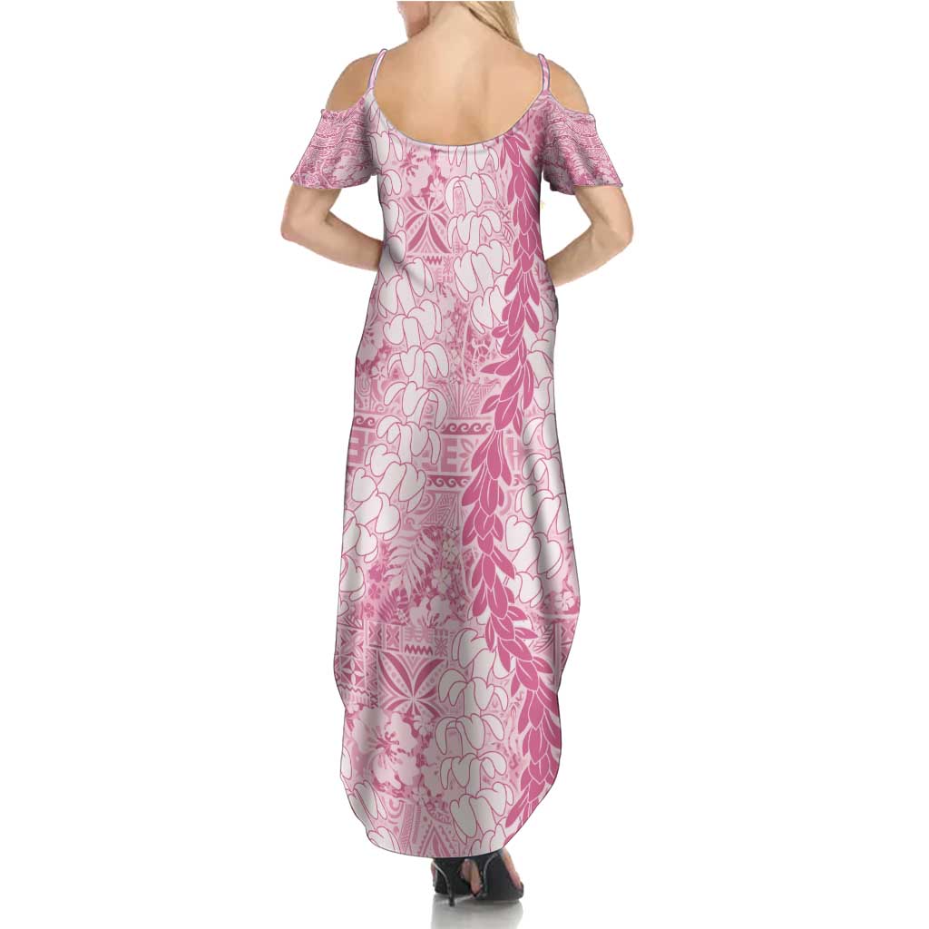 Pink Puakenikeni and Maile Lei Summer Maxi Dress Hawaiian Style Tribal Tapa Double Strand Lei LT9 - Polynesian Pride