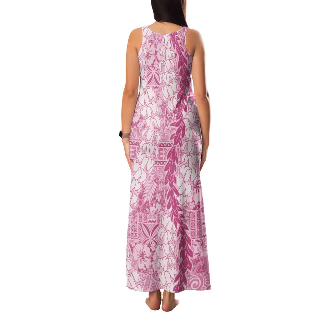 Pink Puakenikeni and Maile Lei Tank Maxi Dress Hawaiian Style Tribal Tapa Double Strand Lei LT9 - Polynesian Pride