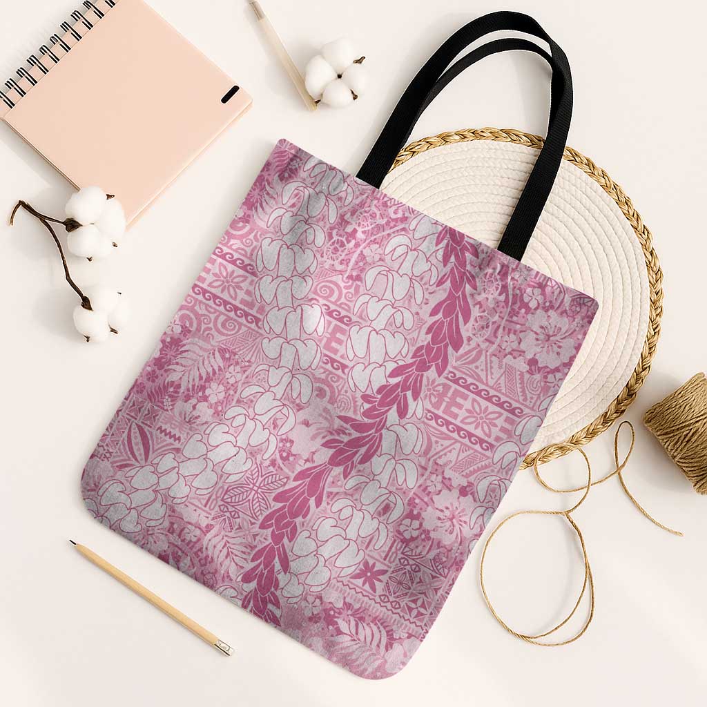 Pink Puakenikeni and Maile Lei Tote Bag Hawaiian Style Tribal Tapa Double Strand Lei LT9 Black Strap One Size Pink - Polynesian Pride