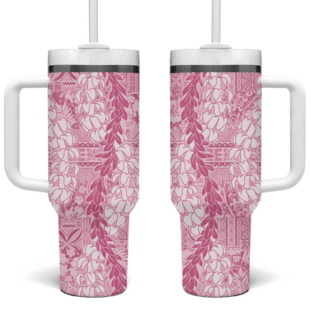 Pink Puakenikeni and Maile Lei Tumbler With Handle Hawaiian Style Tribal Tapa Double Strand Lei LT9 One Size: 40 oz Pink - Polynesian Pride