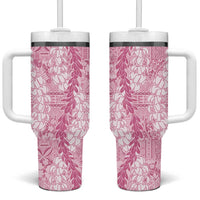 Pink Puakenikeni and Maile Lei Tumbler With Handle Hawaiian Style Tribal Tapa Double Strand Lei LT9 One Size: 40 oz Pink - Polynesian Pride