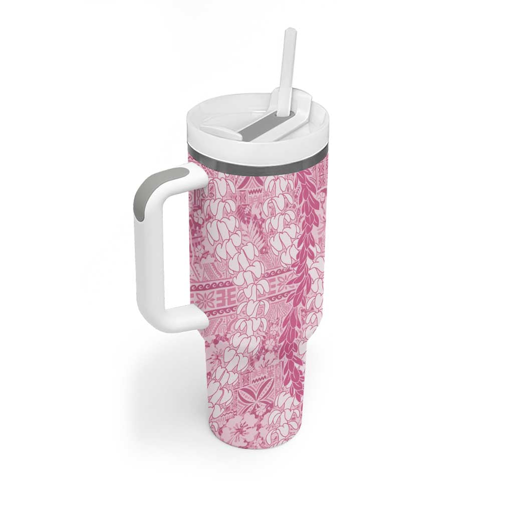 Pink Puakenikeni and Maile Lei Tumbler With Handle Hawaiian Style Tribal Tapa Double Strand Lei LT9 - Polynesian Pride