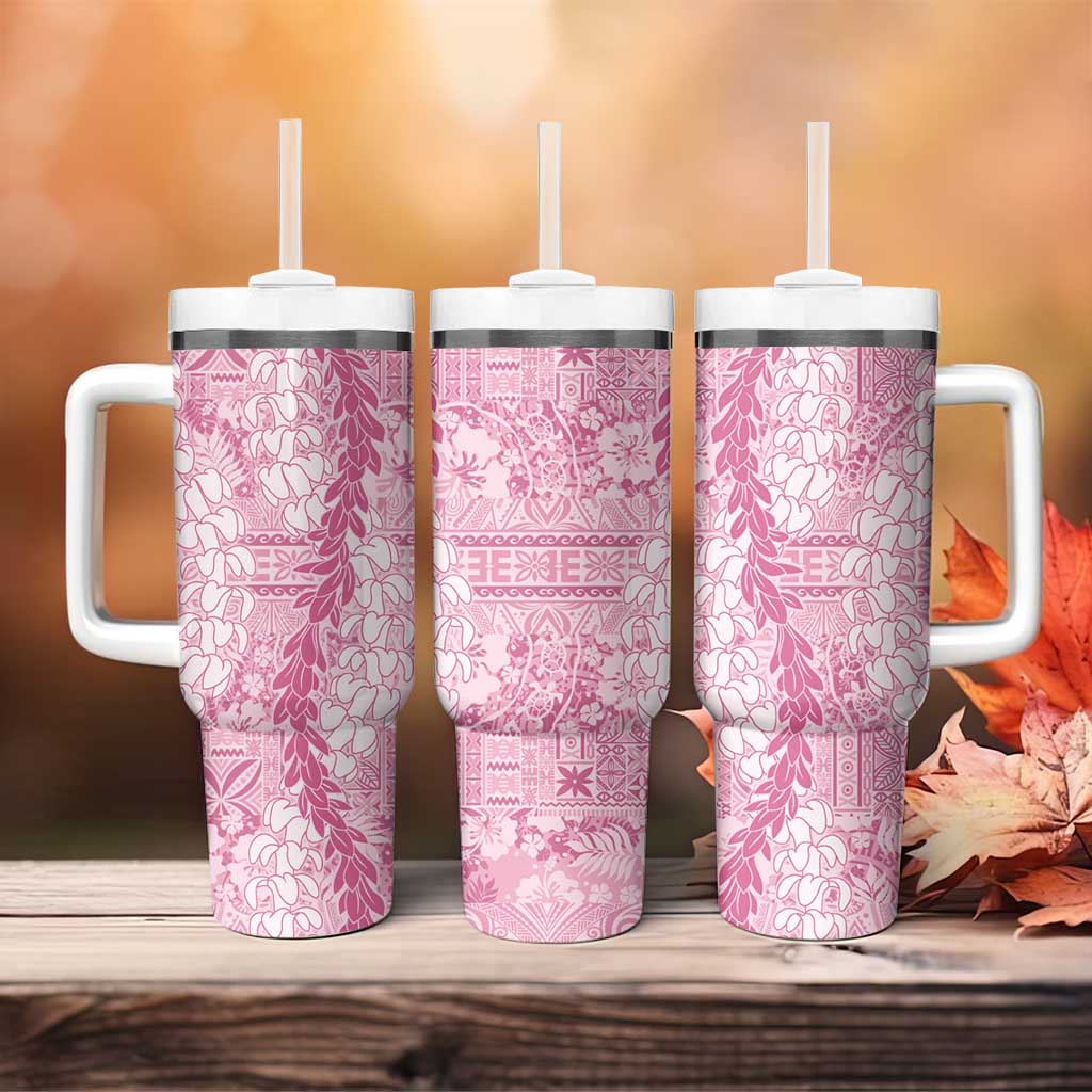 Pink Puakenikeni and Maile Lei Tumbler With Handle Hawaiian Style Tribal Tapa Double Strand Lei LT9 - Polynesian Pride