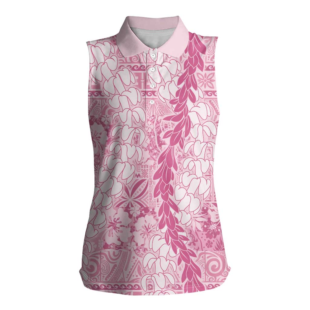 Pink Puakenikeni and Maile Lei Women Sleeveless Polo Shirt Hawaiian Style Tribal Tapa Double Strand Lei