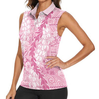 Pink Puakenikeni and Maile Lei Women Sleeveless Polo Shirt Hawaiian Style Tribal Tapa Double Strand Lei LT9 - Polynesian Pride