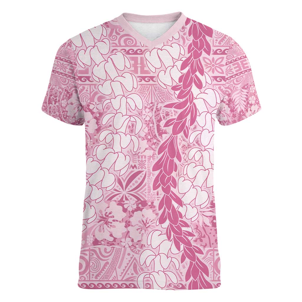 Pink Puakenikeni and Maile Lei Women V-Neck T-Shirt Hawaiian Style Tribal Tapa Double Strand Lei LT9 Female Pink - Polynesian Pride