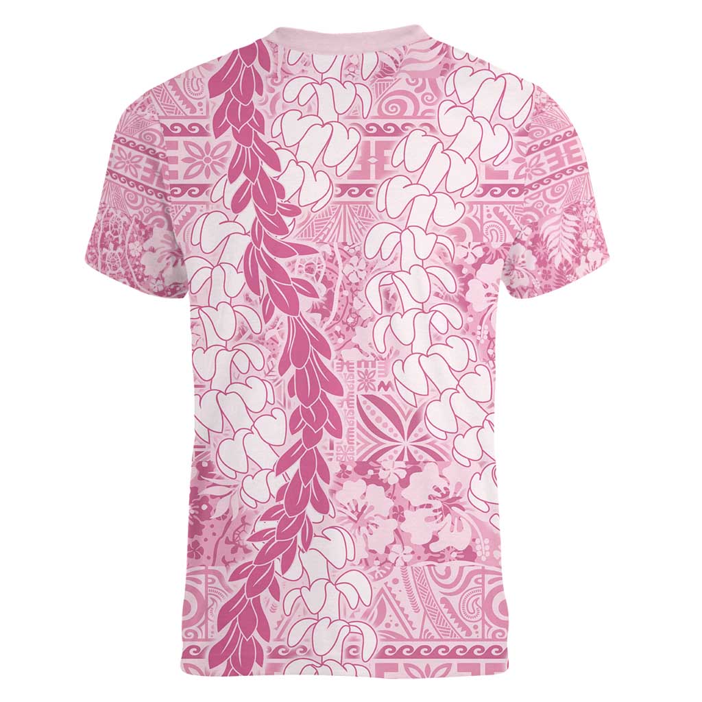 Pink Puakenikeni and Maile Lei Women V-Neck T-Shirt Hawaiian Style Tribal Tapa Double Strand Lei LT9 - Polynesian Pride