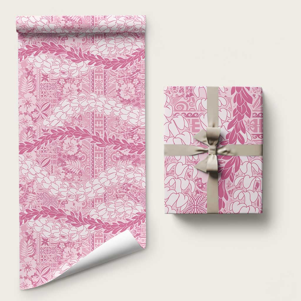 Pink Puakenikeni and Maile Lei Wrapping Paper Hawaiian Style Tribal Tapa Double Strand Lei LT9 58" × 23" Pink - Polynesian Pride