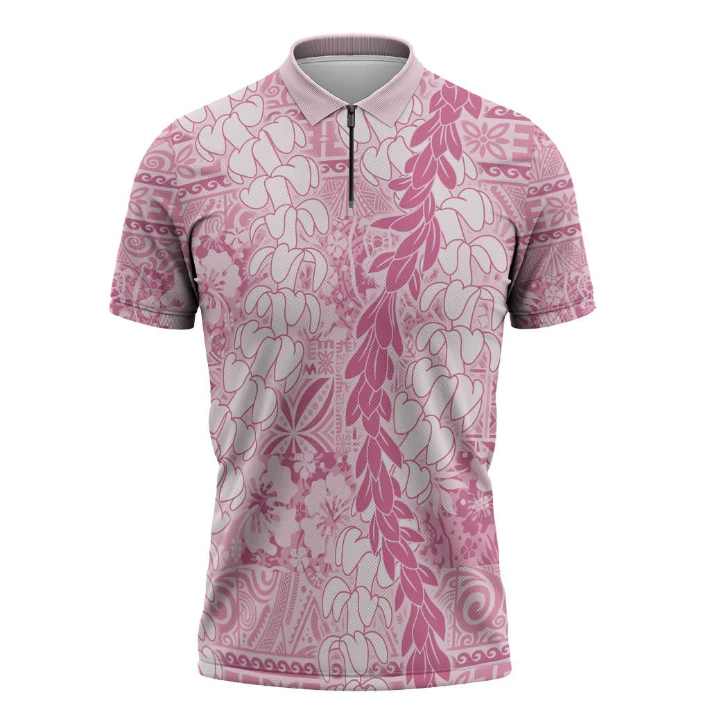 Pink Puakenikeni and Maile Lei Zipper Polo Shirt Hawaiian Style Tribal Tapa Double Strand Lei LT9 Pink - Polynesian Pride