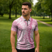 Pink Puakenikeni and Maile Lei Zipper Polo Shirt Hawaiian Style Tribal Tapa Double Strand Lei LT9 - Polynesian Pride