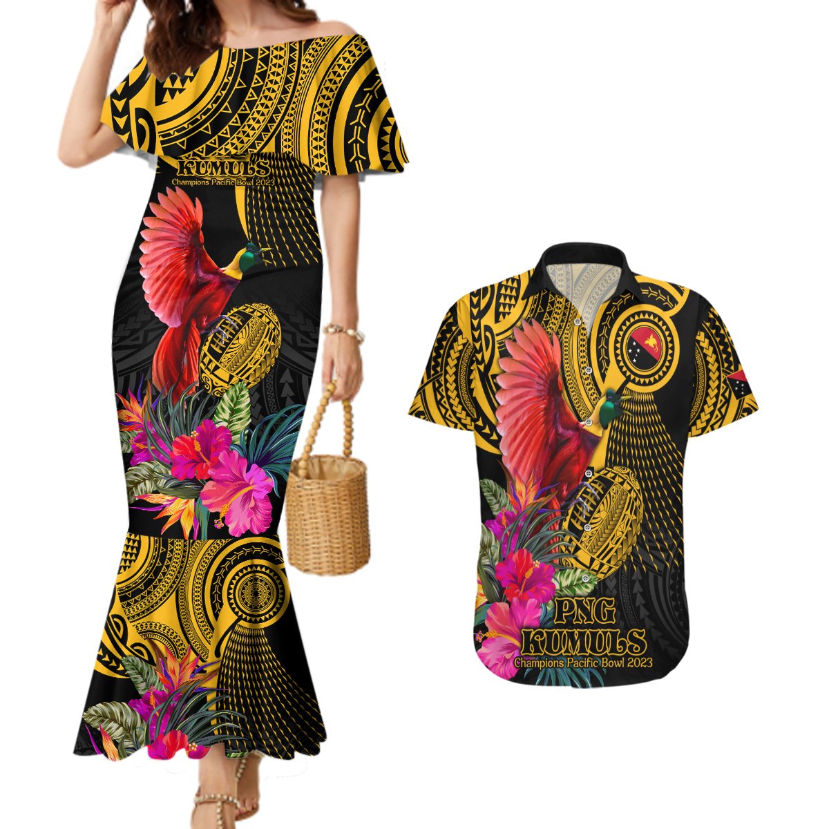 Personalised Papua New Guinea Rugby Couples Matching Mermaid Dress and Hawaiian Shirt PNG Kumuls Champions Pacific Bowl LT9 Gold - Polynesian Pride