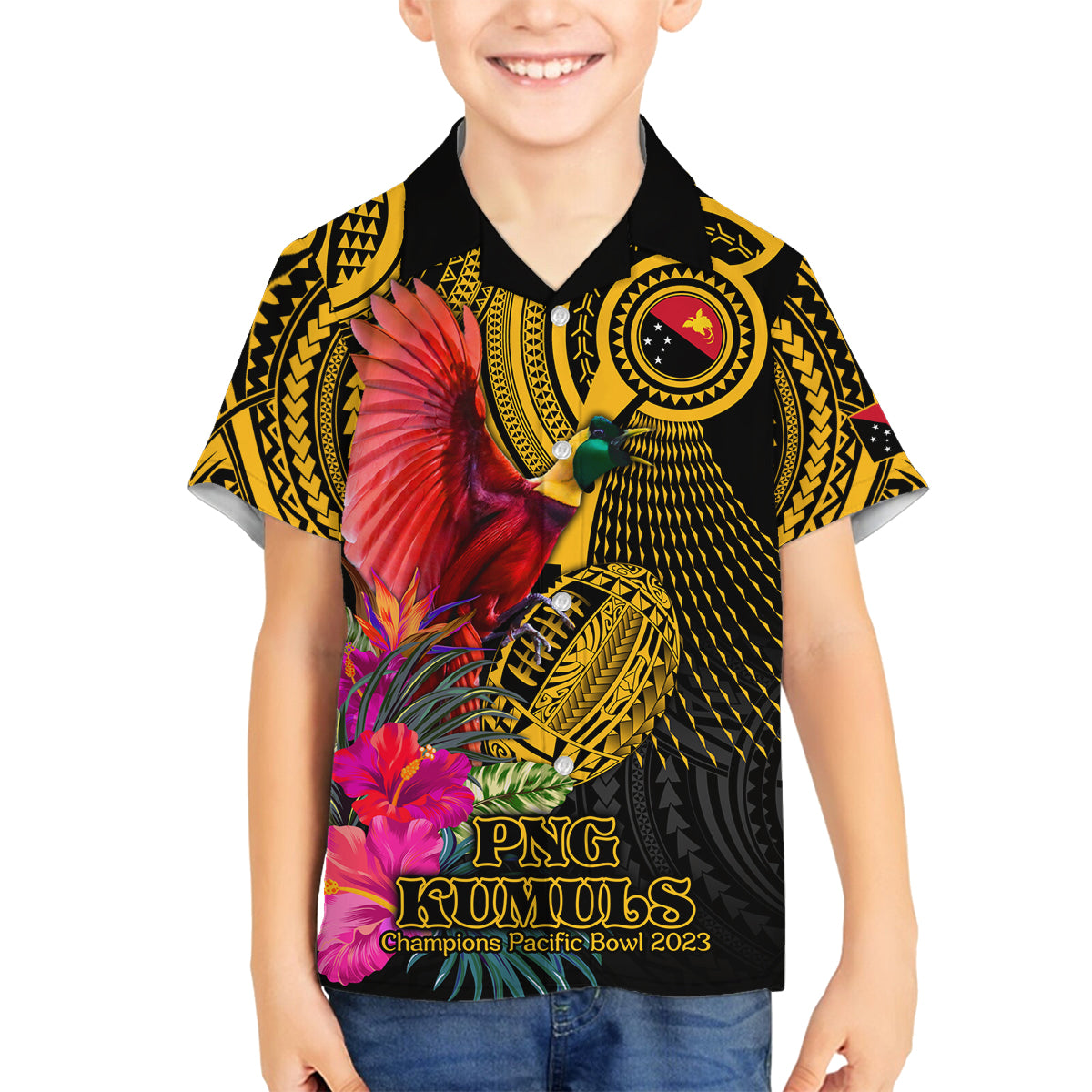 Personalised Papua New Guinea Rugby Family Matching Off Shoulder Long Sleeve Dress and Hawaiian Shirt PNG Kumuls Champions Pacific Bowl LT9 Son's Shirt Gold - Polynesian Pride