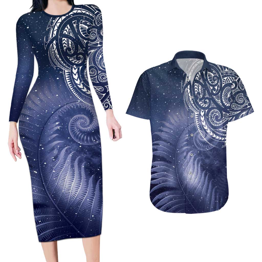New Zealand Galaxy Fern Couples Matching Long Sleeve Bodycon Dress and Hawaiian Shirt LT9 Galaxy - Polynesian Pride