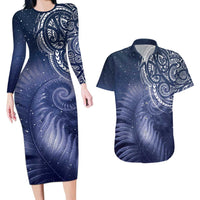 New Zealand Galaxy Fern Couples Matching Long Sleeve Bodycon Dress and Hawaiian Shirt LT9 Galaxy - Polynesian Pride