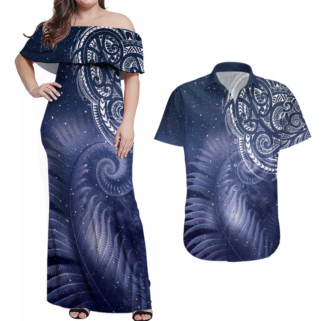 New Zealand Galaxy Fern Couples Matching Off Shoulder Maxi Dress and Hawaiian Shirt LT9 Galaxy - Polynesian Pride