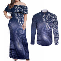 New Zealand Galaxy Fern Couples Matching Off Shoulder Maxi Dress and Long Sleeve Button Shirt LT9 Galaxy - Polynesian Pride