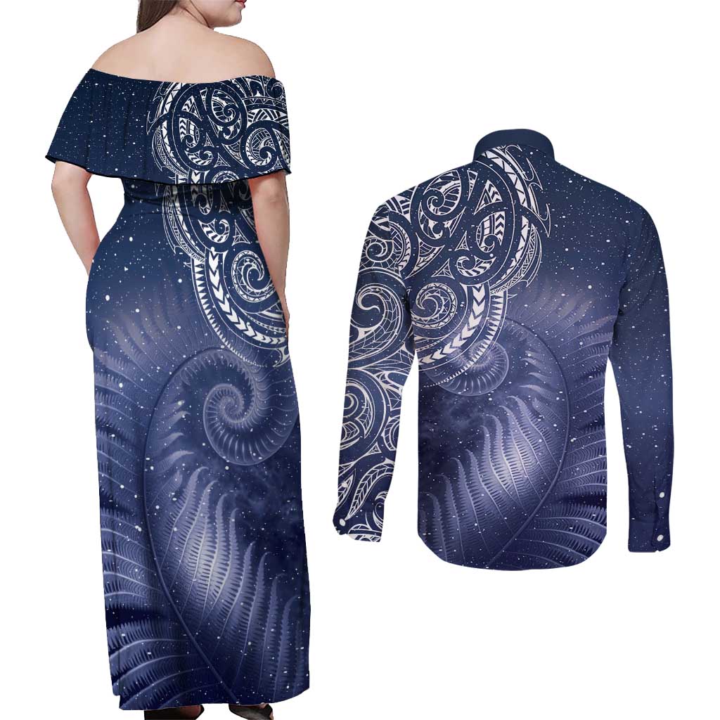 New Zealand Galaxy Fern Couples Matching Off Shoulder Maxi Dress and Long Sleeve Button Shirt LT9 - Polynesian Pride
