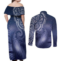 New Zealand Galaxy Fern Couples Matching Off Shoulder Maxi Dress and Long Sleeve Button Shirt LT9 - Polynesian Pride