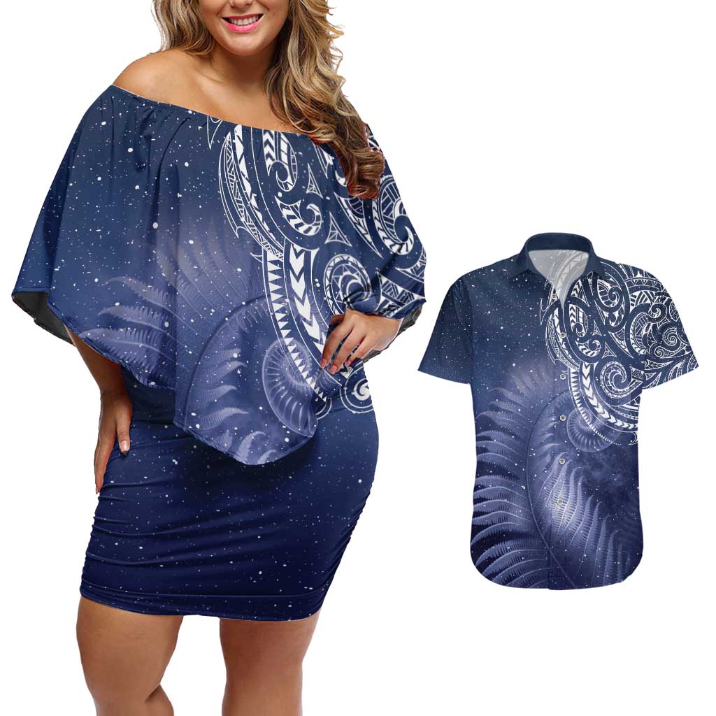 New Zealand Galaxy Fern Couples Matching Off Shoulder Short Dress and Hawaiian Shirt LT9 Galaxy - Polynesian Pride